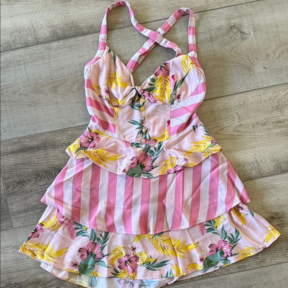 For Love And Lemons Pink and Yellow Striped Midi Dress